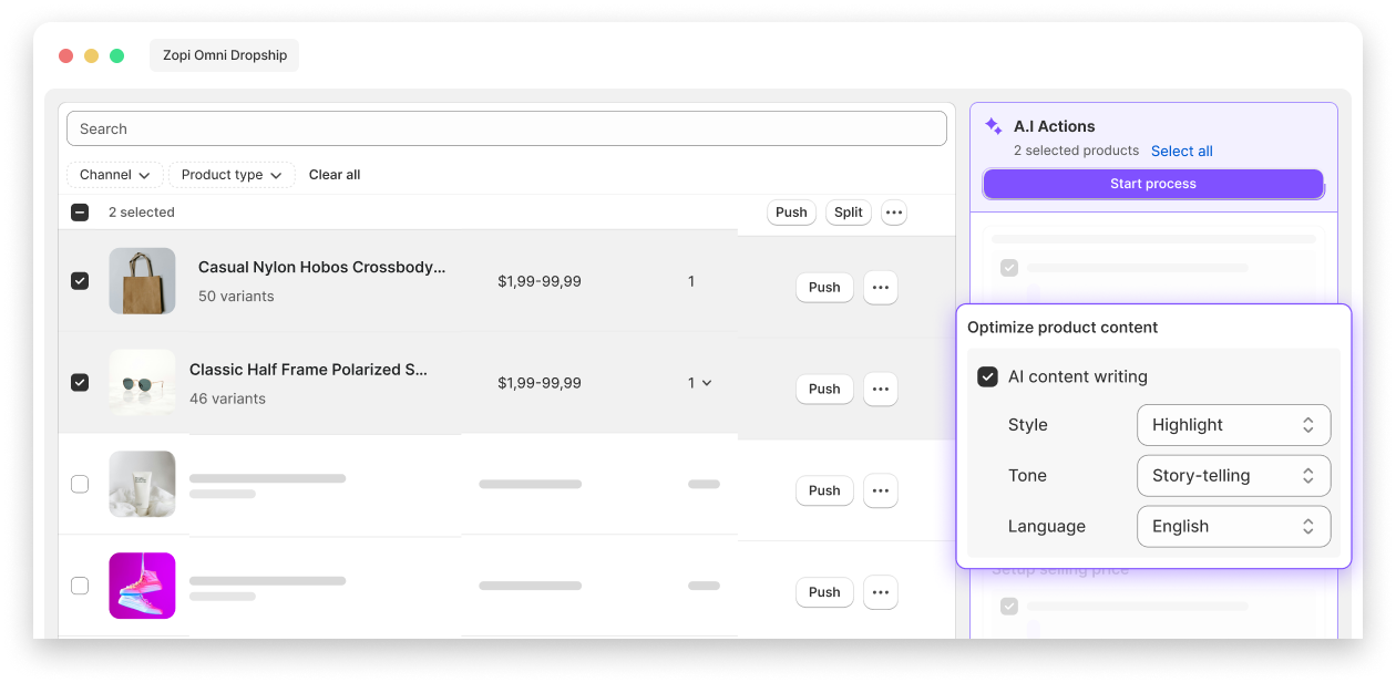 Zopi Ai writing assistant and bulk import